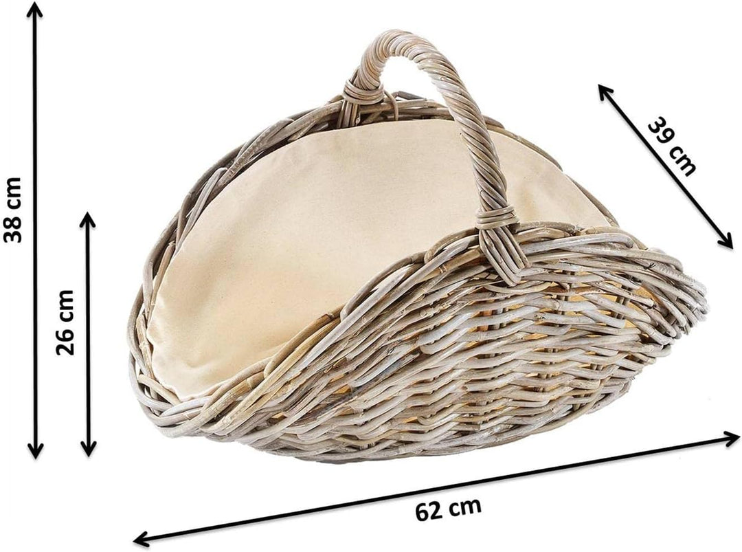 Kobolo Kaminholzkorb oval Kubu grey aus Rattan mit Henkel und Leinen ausgeschlagen Grau Leinen, Grau