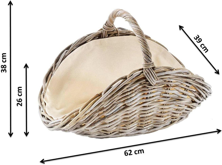 Kobolo Kaminholzkorb oval Kubu grey aus Rattan mit Henkel und Leinen ausgeschlagen Grau Leinen, Grau