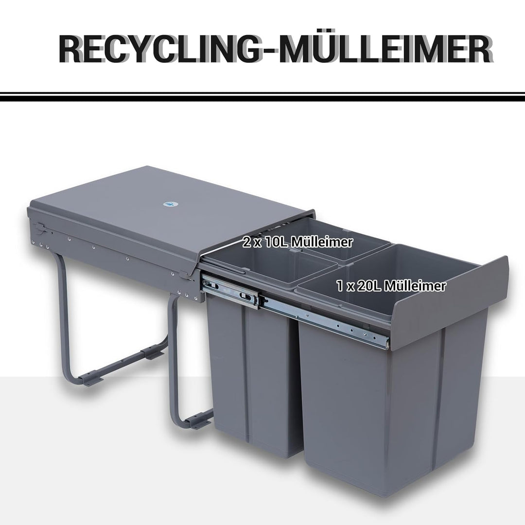 HOMCOM Abfallsammler 20 L+10 L+10 L Ausziehbar Einbaumülleimer Unterschrank Abfalleimer Mülleimer fü
