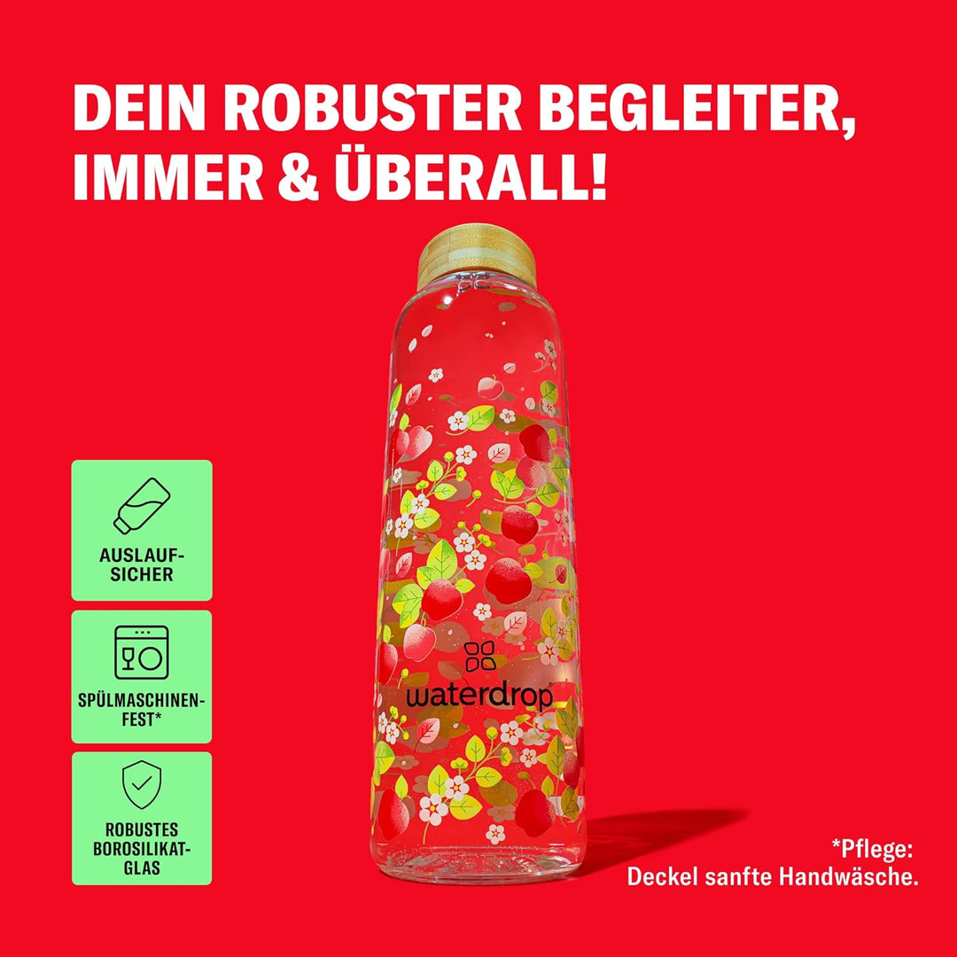 waterdrop® Flasche aus Glas 600ml - Trinkflasche Kohlensäure geeignet, BPA fei & spülmaschinenfest -