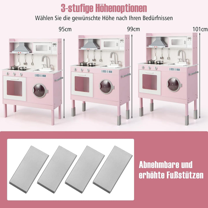 COSTWAY Kinderküche Holz, Spielküche mit Licht und Sound, Holzküche inkl. Zubehör mit Tafel, Mikrowe