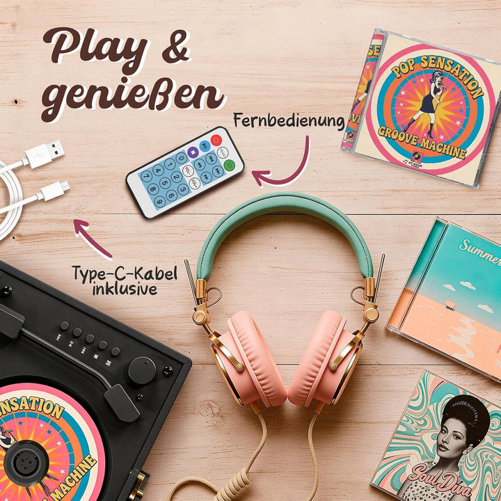 KLIM Retro CD Player – Tragbarer CD-Player mit Lautsprecher, Bluetooth-Empfänger, AUX, USB, Akku, Re