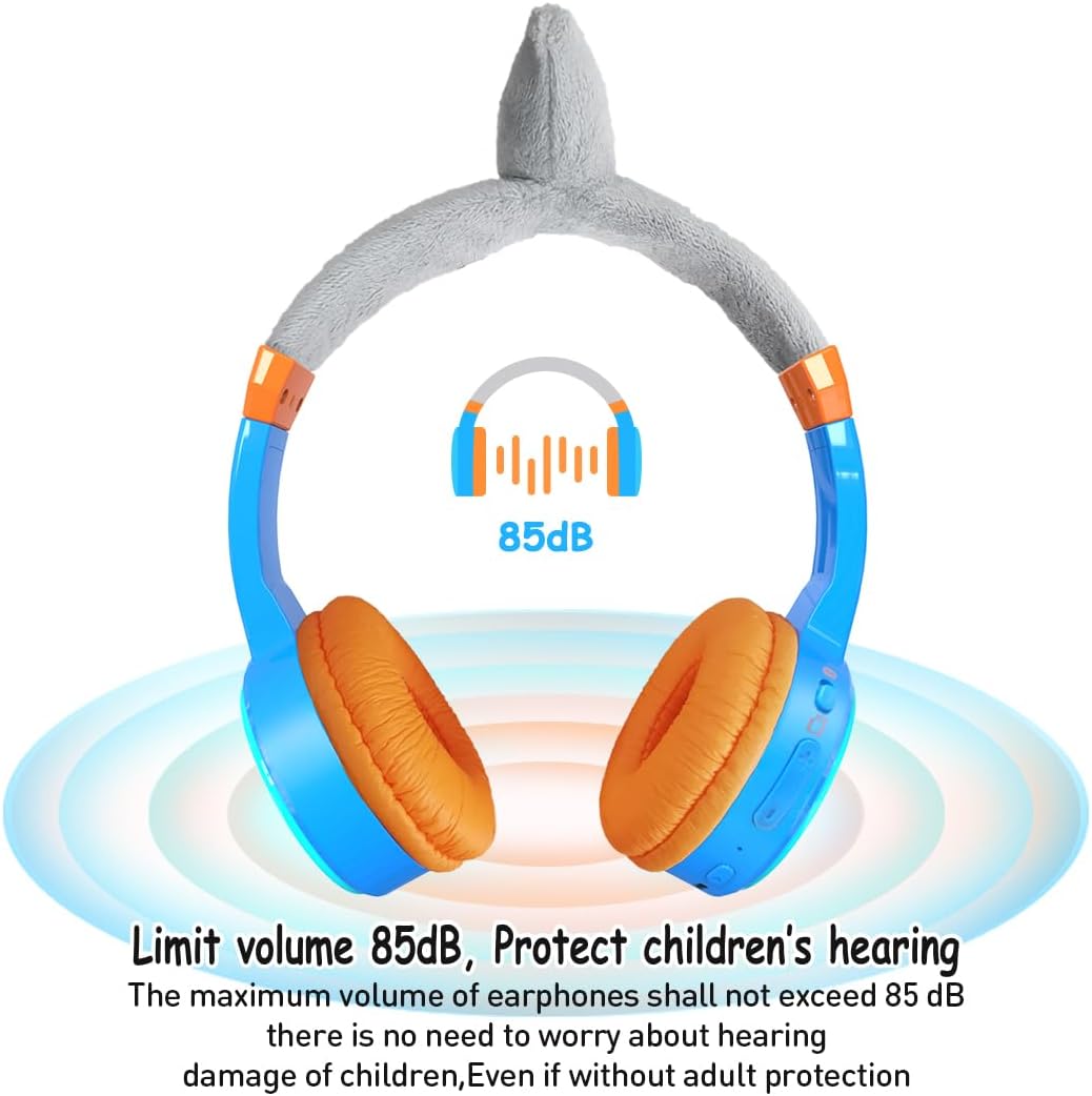 Bluetooth Kopfhörer Kinder, Shark Kinder Kopfhörer mit Kabel, Mikrofon, 85dB Lautstärkebegrenzung, 3