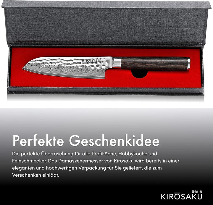Kirosaku Santoku Damastmesser - Damaskus Messer mit echtem Pakkaholzgriff - Profimesser mit Geschenk