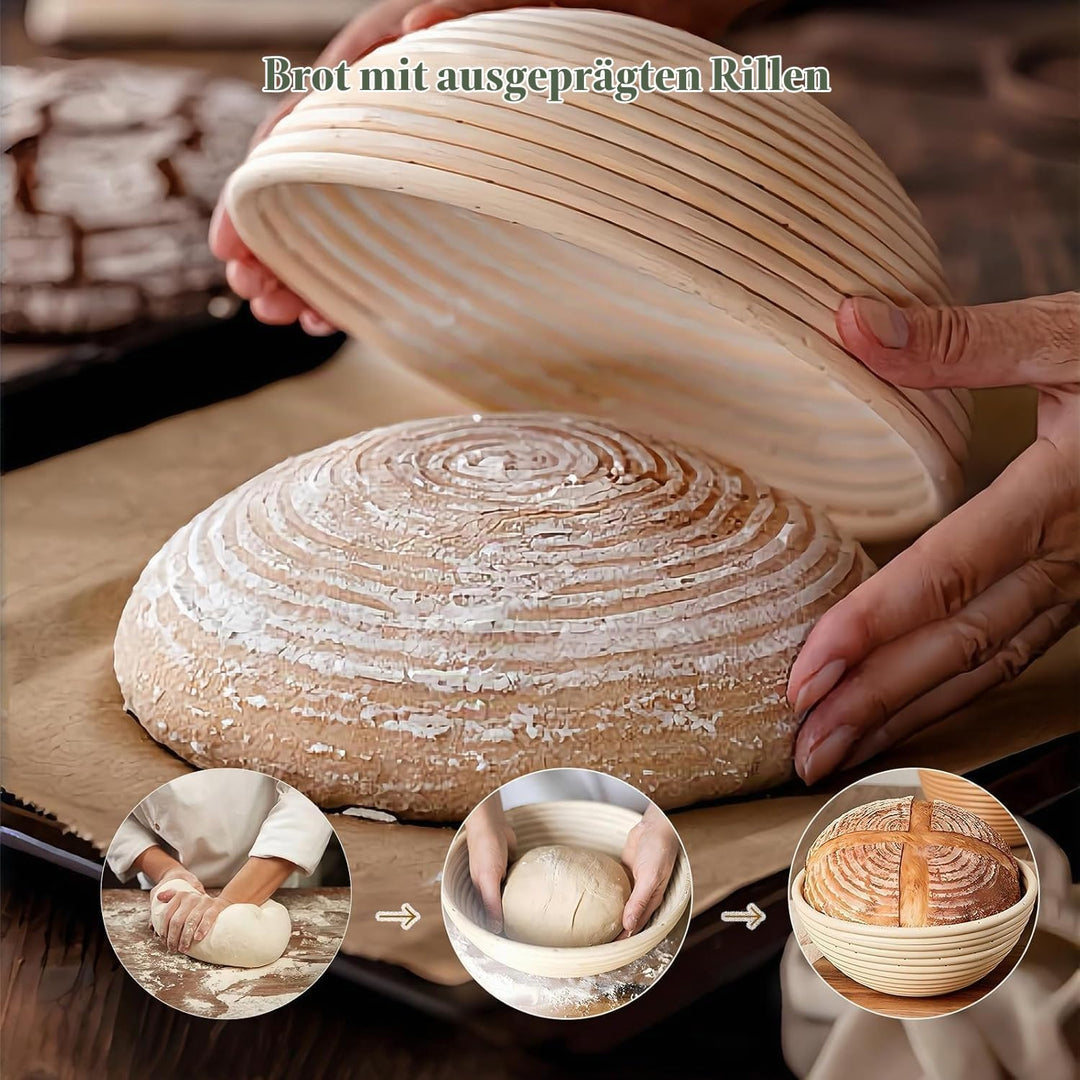 Gärkorb Brot Set,25cm Gärkörbchen zum Brotbacken, Sauerteig Starter Set, Einschliesslich Teigschaber