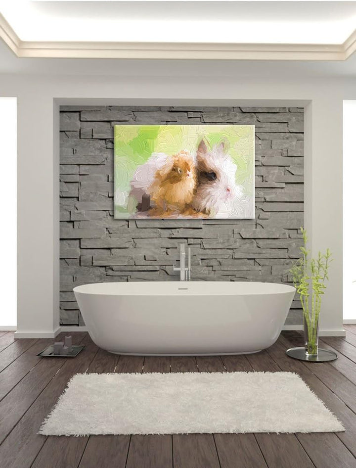 Pixxprint kleines Küken mit süssem Häschen Kunst Pinsel Effekt, Format: 100x70 auf Leinwand, XXL rie