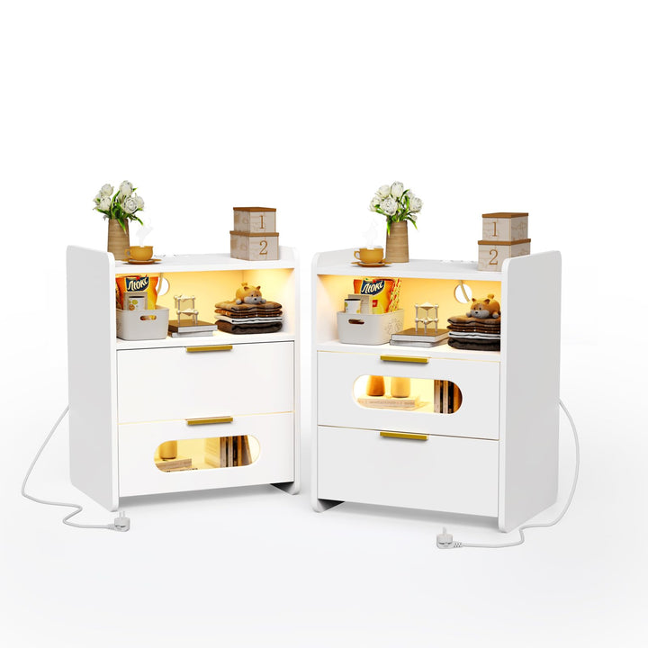 Led Nachttisch 2er Set mit Ladestation, Nachtschrank mit USB-Anschlüssen, Weiss Nachttische Einstell