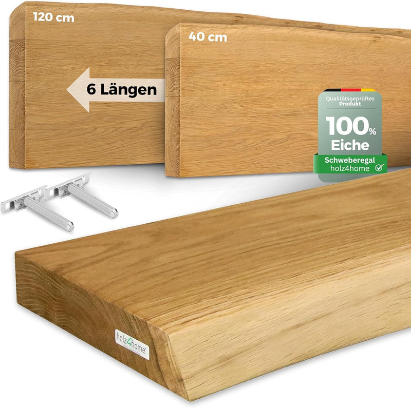 holz4home® Wandregal mit Baumkante 40 cm Länge, Natur Geölt I Schweberegal Massivholz mit unsichtbar