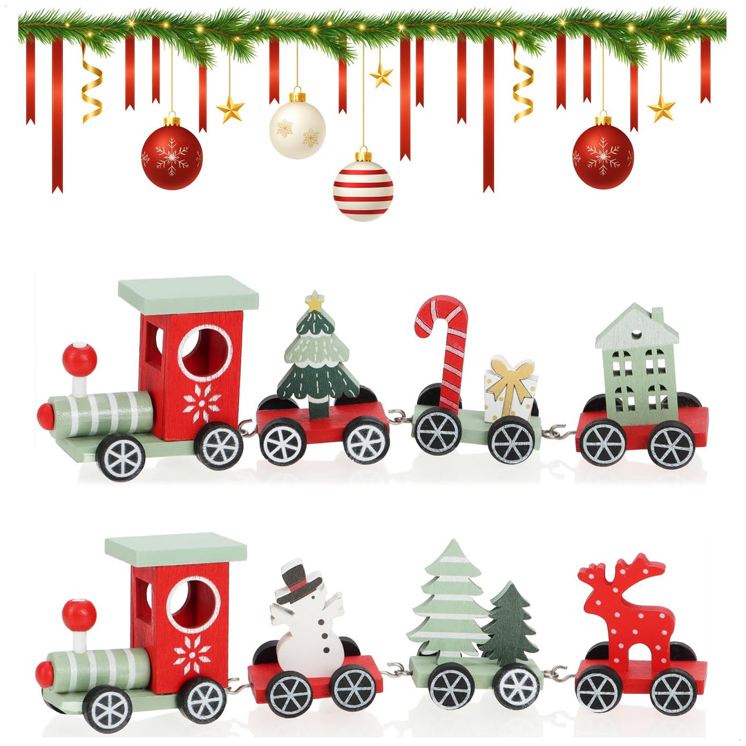 com-four® 2X Deko Weihnachtszug aus Holz mit je 3 Anhängern - Tischdekoration im klassischen Weihnac