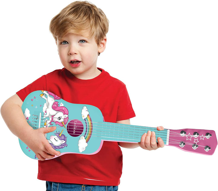 LEXIBOOK K205UNI erste Gitarre aus Holz Einhorn, 6 Saiten, 53 cm, inkl. Anleitung, Rosa/Blau