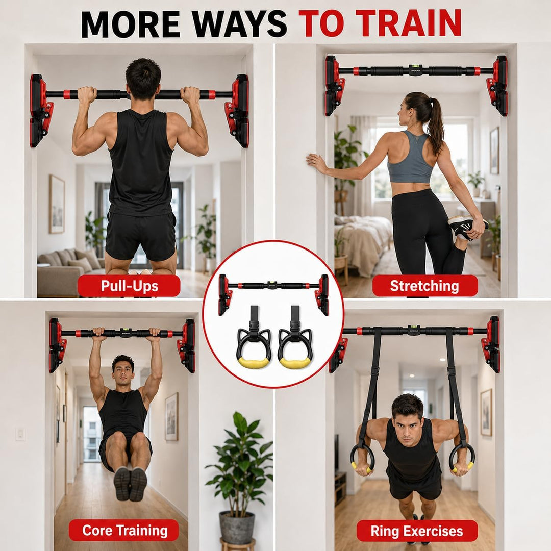 No-Drill Heavy-Duty Pull-Up Bar, Adjustable 96–145 cm for Hallways, Comes with 2 Pull Rings, Home Up