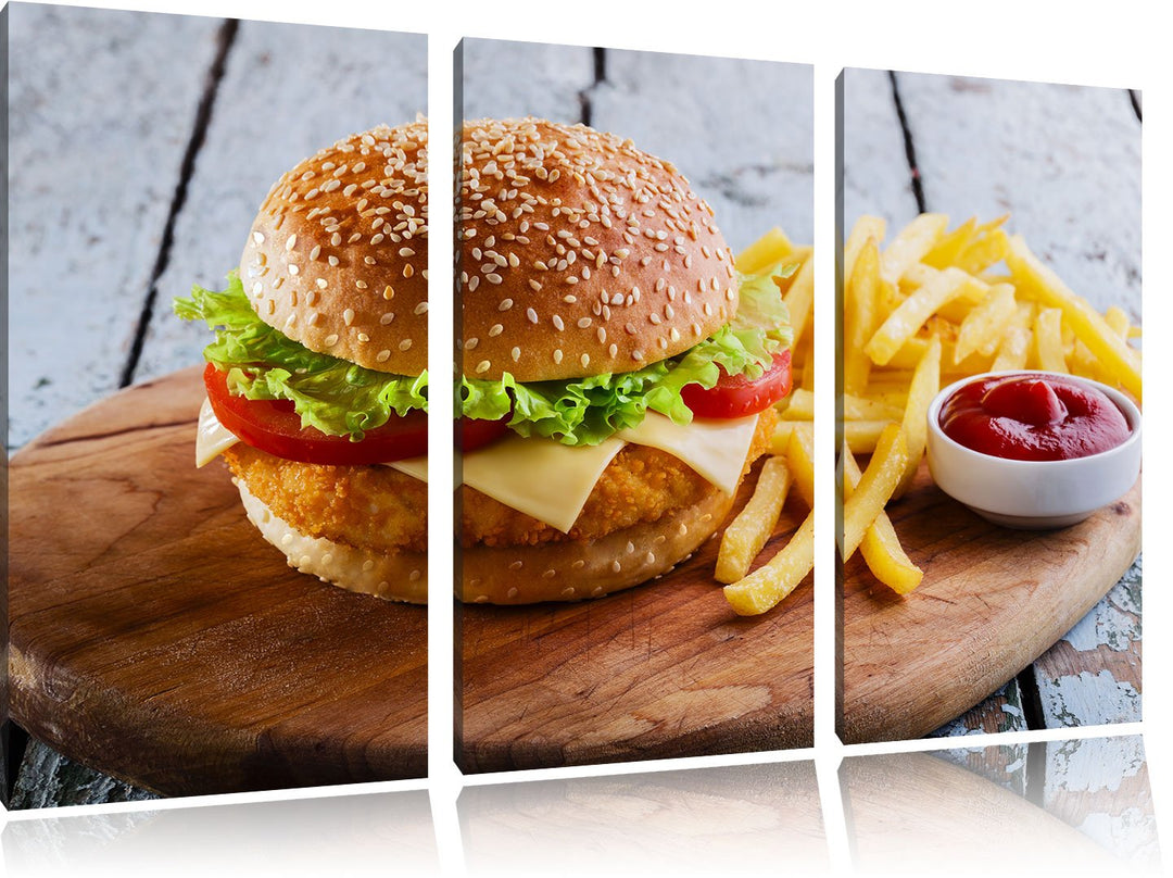 Pixxprint Chickenburger Pommes als Leinwandbild/Grösse: 3 Teilig (120x80 cm) cm/Wandbild/Kunstdruck/