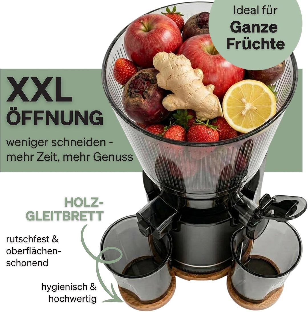 Entsafter, 250W Slow Juicer Kaltentsafter mit Holz-Untersetzern & 130 mm XXL Einfüllschacht für ganz