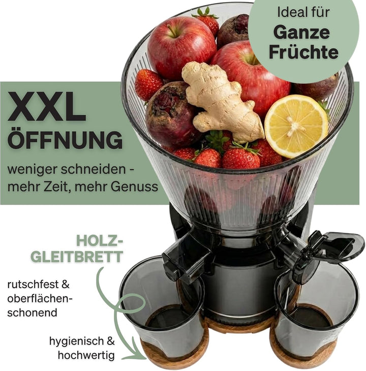 Entsafter, 250W Slow Juicer Kaltentsafter mit Holz-Untersetzern & 130 mm XXL Einfüllschacht für ganz