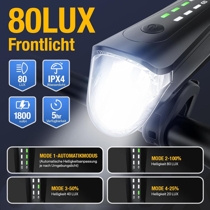 Fahrradlicht Set lichtsensor,Smart Rücklicht mit Bremslicht,Sensor Fahrradlicht StVZO Zugelassen,Int