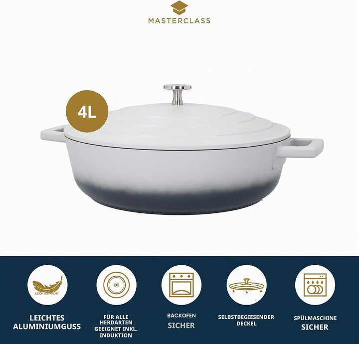 MasterClass Flache Bratpfanne mit Deckel, 4 l/28 cm, leichter Aluminiumguss, induktionsgeeignet und