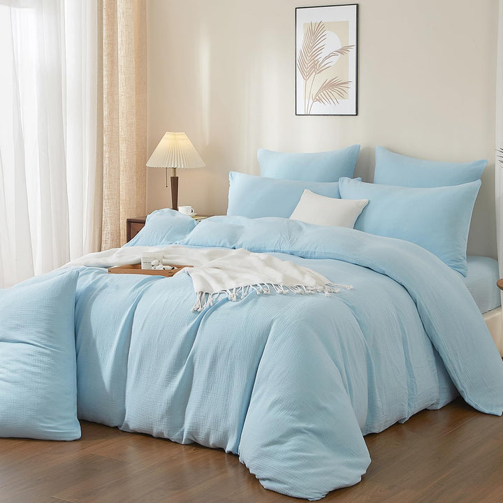 Boqingzhu Doppelte Muslin Bettwäsche 200×220 cm Blau Hellblau Baumwolle – Temperaturregulierend Atmu