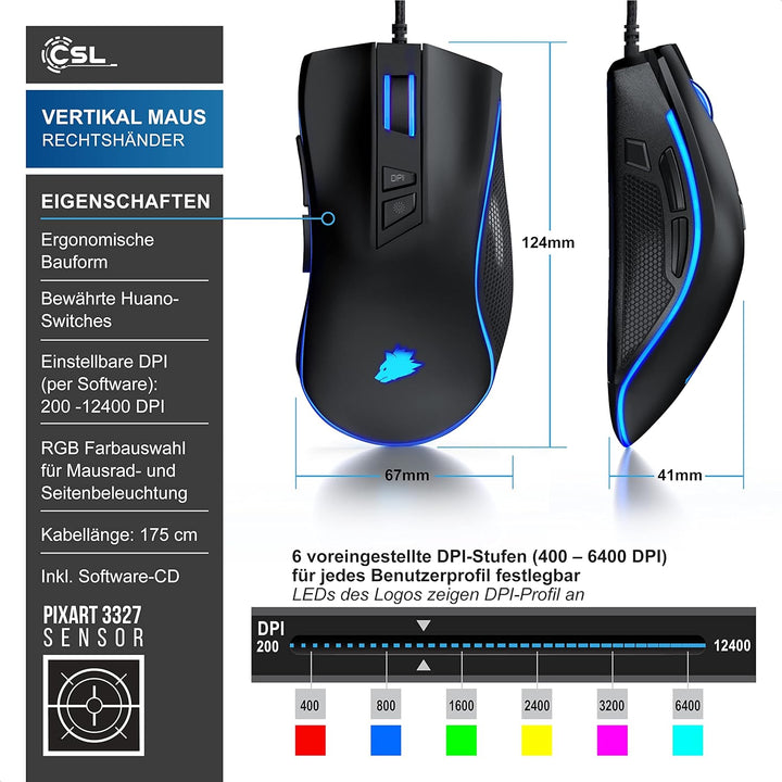 CSL-Computer TITANWOLF - Gaming Maus 12400 DPI mit RGB Beleuchtung, 8 programmierbare Tasten, Ergono