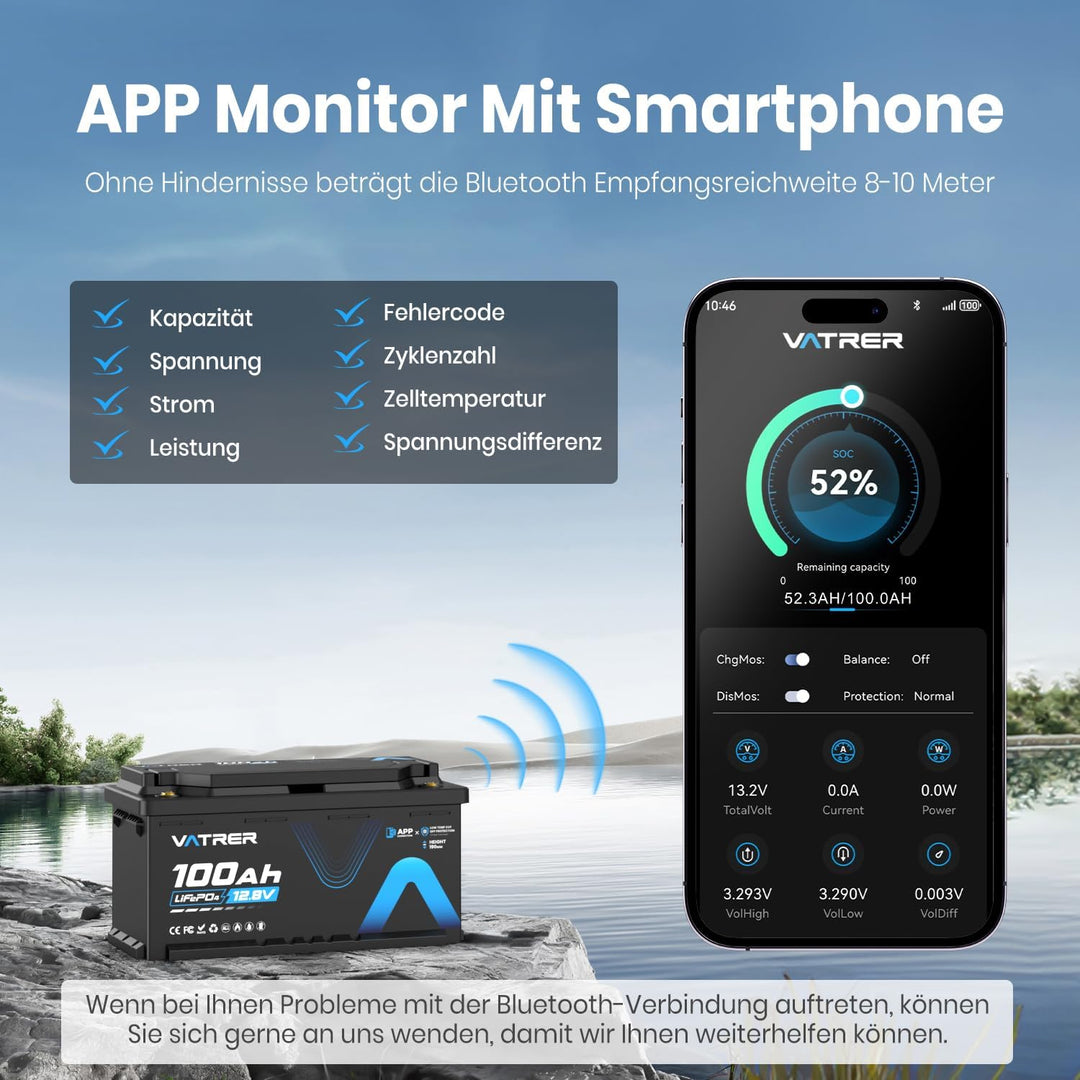 VATRER POWER 12V 100Ah H190 Bluetooth LiFePO4 Batterie mit 188mm Höhe 1280Wh 5000+ Zyklen Lithium Ba