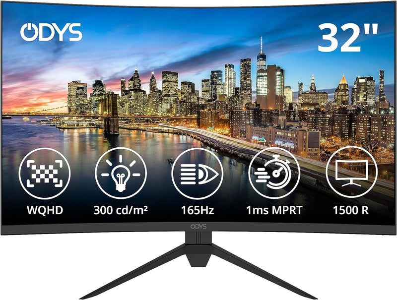 ODYS XP32 80cm (32") WQHD Curved Monitor (2.560x1.440 Pixel, 300 cd/m², 165Hz, 1ms Reaktionszeit, AM