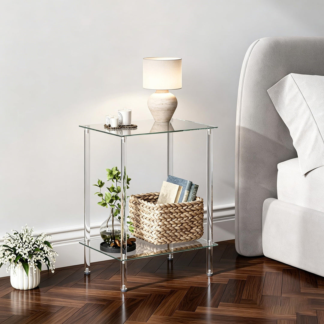 Beistelltisch Glas Eckig Nachttisch Transparent Glastisch Mobiler Couchtisch 2 Ablagen Glasregal Woh