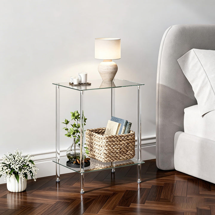 Beistelltisch Glas Eckig Nachttisch Transparent Glastisch Mobiler Couchtisch 2 Ablagen Glasregal Woh