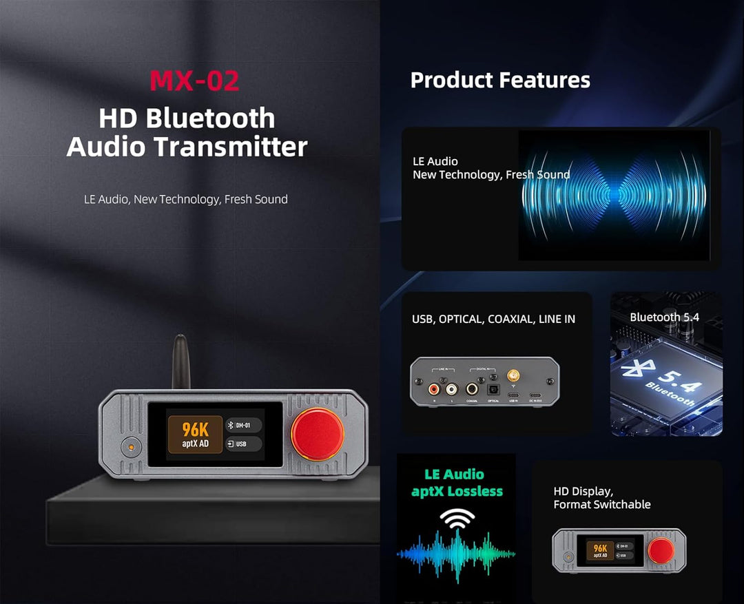 xDuoo MX-02 HD Bluetooth 5.4 Audio-Sender – LE Audio und aptX Lossless für extrem niedrige Latenz, B