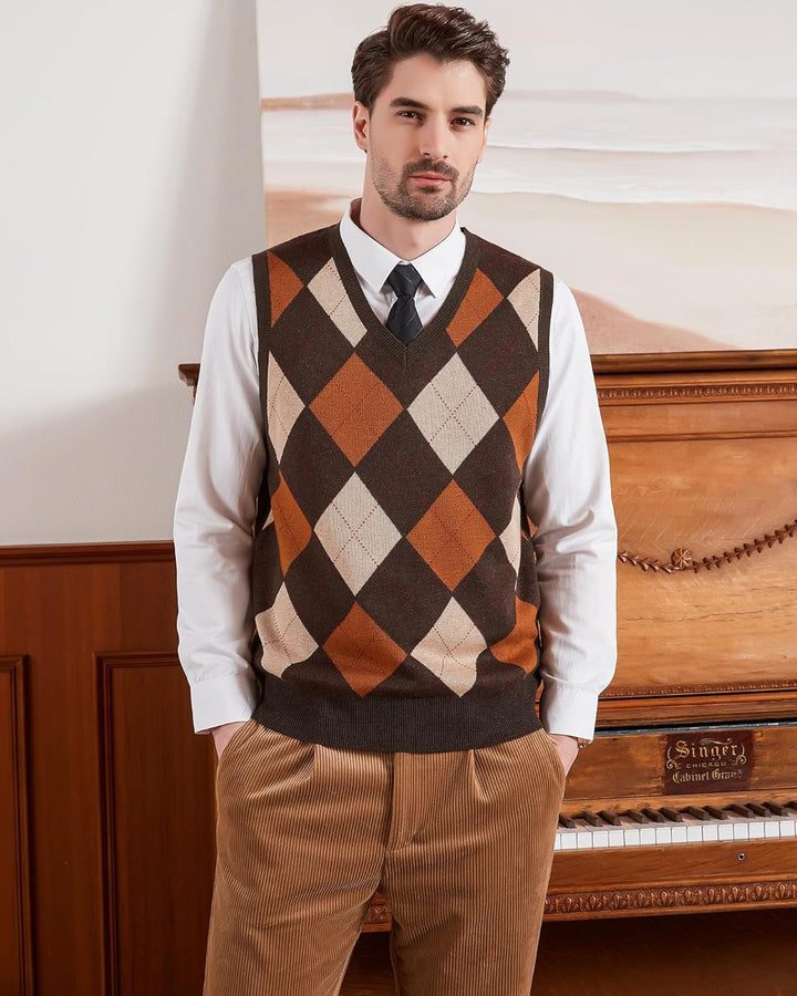Kallspin Herren Argyle Gestrickt Ärmellos Pullover Wollmischung V-Ausschnitt Strickwesten XL Braun,