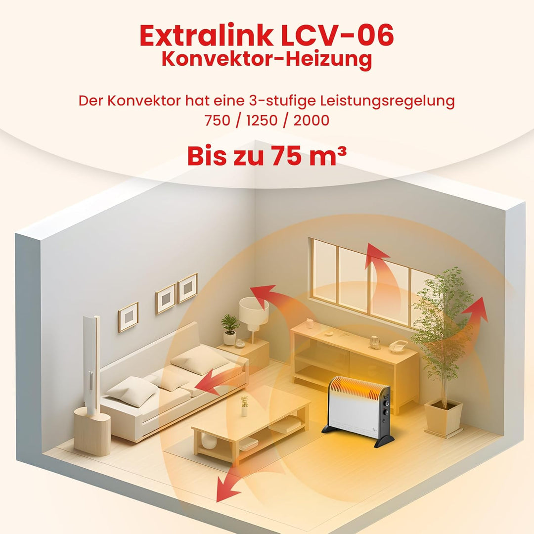 Extralink Konvektorheizung 2000W Elektroheizung 3-stufige Leistungsregelung eingebauter Thermostat e