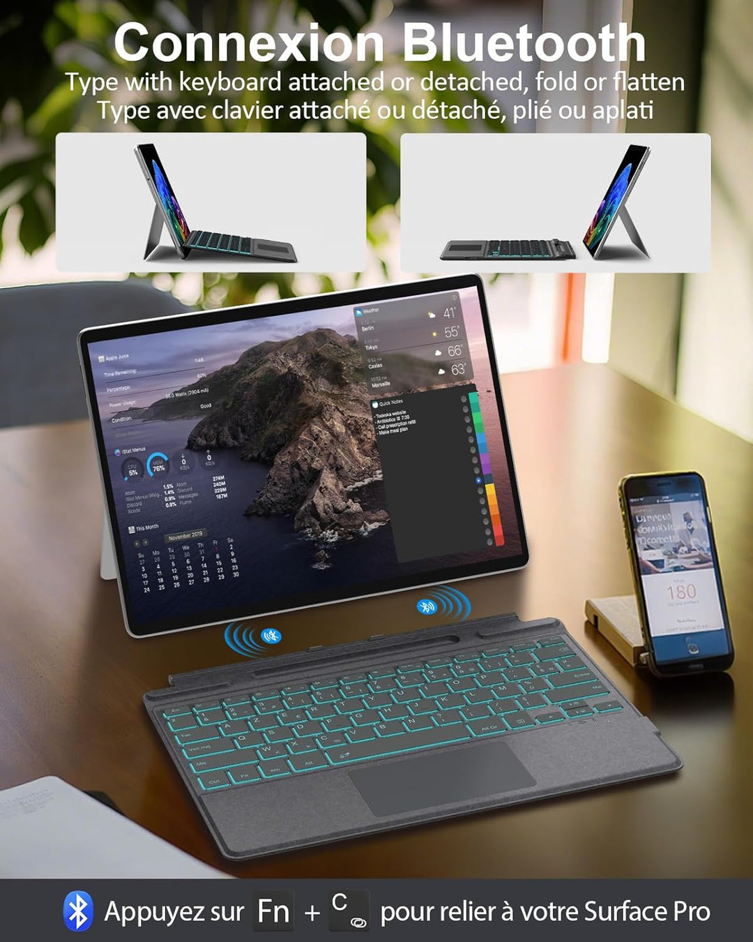 MoKo Französische Tastatur Kompatibel mit Microsoft Surface Pro 11/ Pro 10/ Pro 9/ Pro 8/ Pro X, AZE