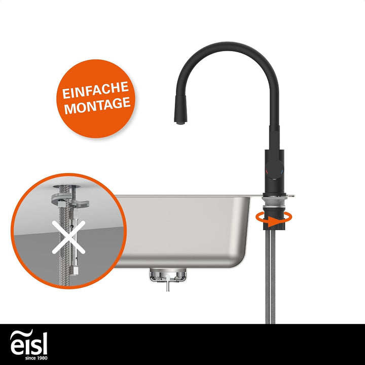 EISL Flexo Schwarz Flexible Spültischarmatur, biegsamer Wasserhahn für die Küche schwarz, hoher Ausl