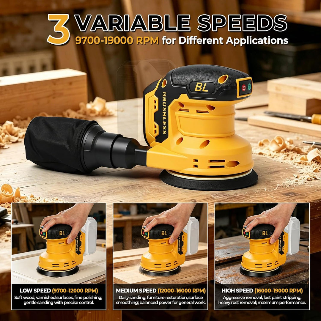 Akku-Exzenterschleifer, Kompatibel mit Dewalt 20V Batterie, 3 Geschwindigkeiten, 9700-19000 U/min Bü