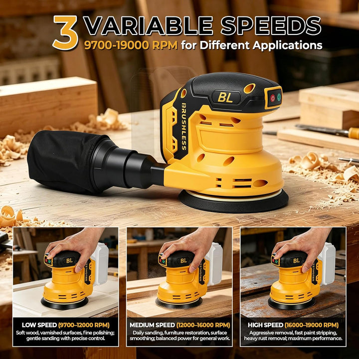 Akku-Exzenterschleifer, Kompatibel mit Dewalt 20V Batterie, 3 Geschwindigkeiten, 9700-19000 U/min Bü