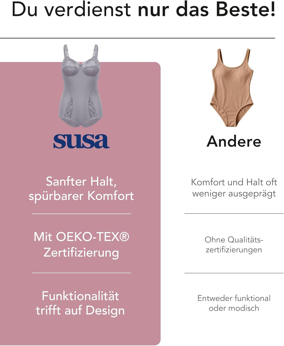 SUSA Body ohne Bügel Latina I Body Shapewear Damen stark formend I Frauen Mieder I Softer Bodysuit m