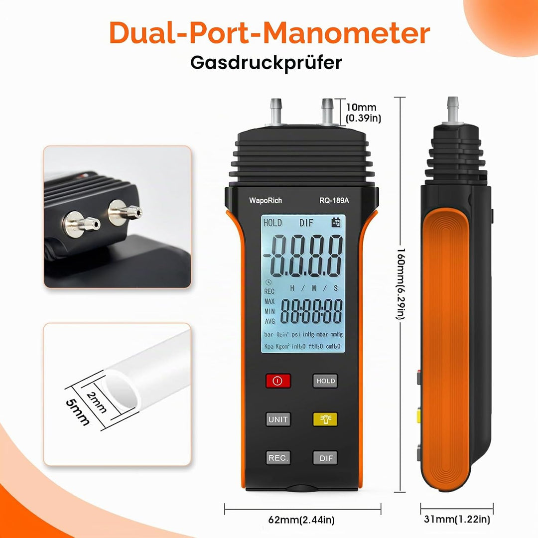 Manometer Gasdruckmessgerät, Differenzdruckmessgerät Digital Dual Port Luftdruckmessgerät für HVAC m