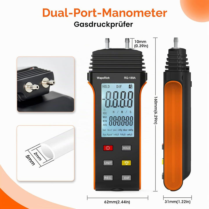 Manometer Gasdruckmessgerät, Differenzdruckmessgerät Digital Dual Port Luftdruckmessgerät für HVAC m