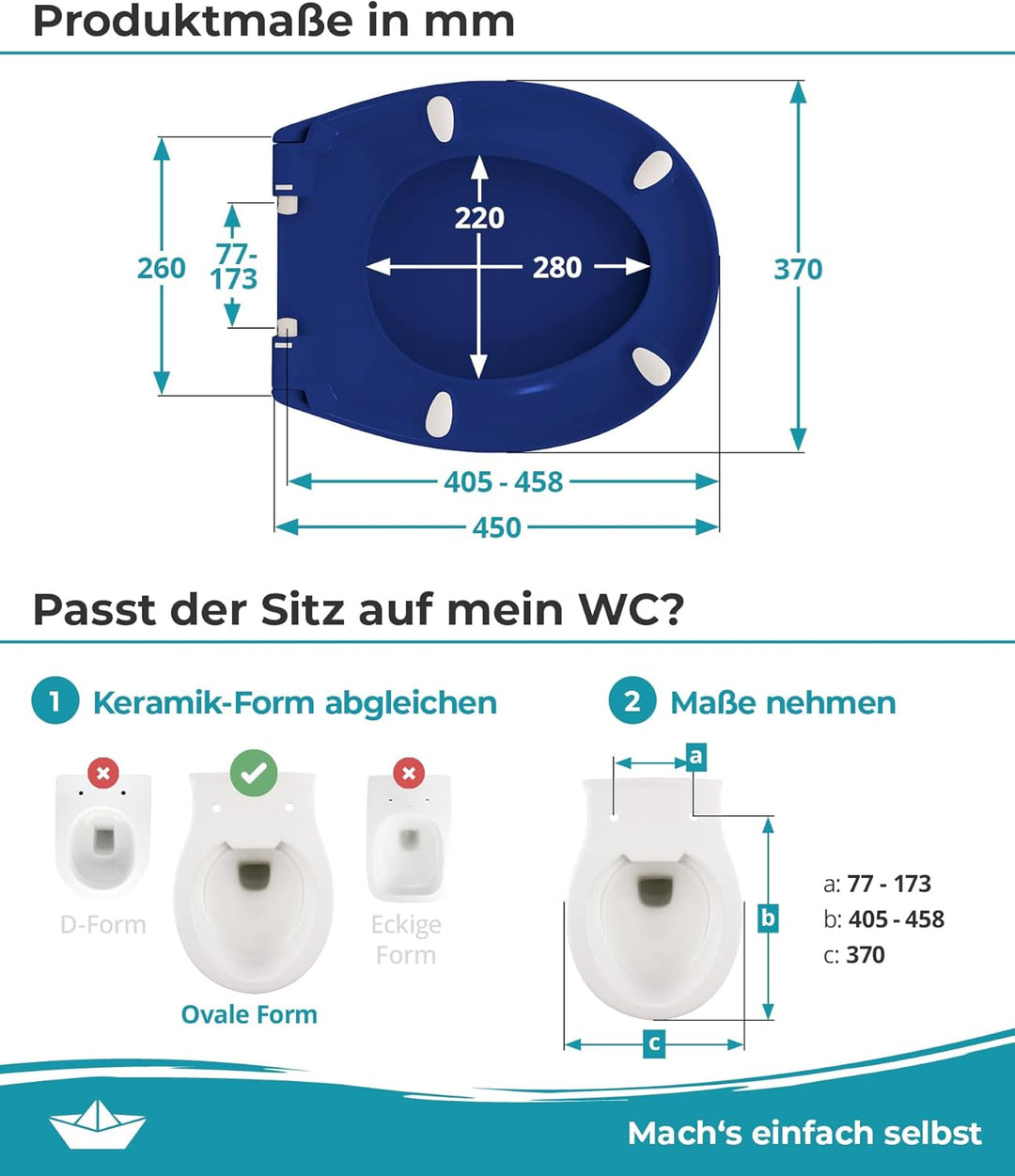 Calmwaters® Premium WC Sitz einfache Montage, Toilettendeckel bis 250 kg, Made in EU, antibakteriell