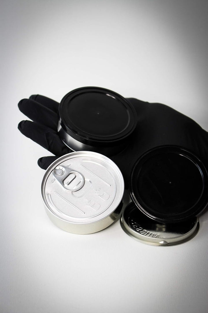 Pressitin 20x Pressitin Self Seal Cans, Tuna Tins 100 ml, Fillable with Black Plastic Lid and Black