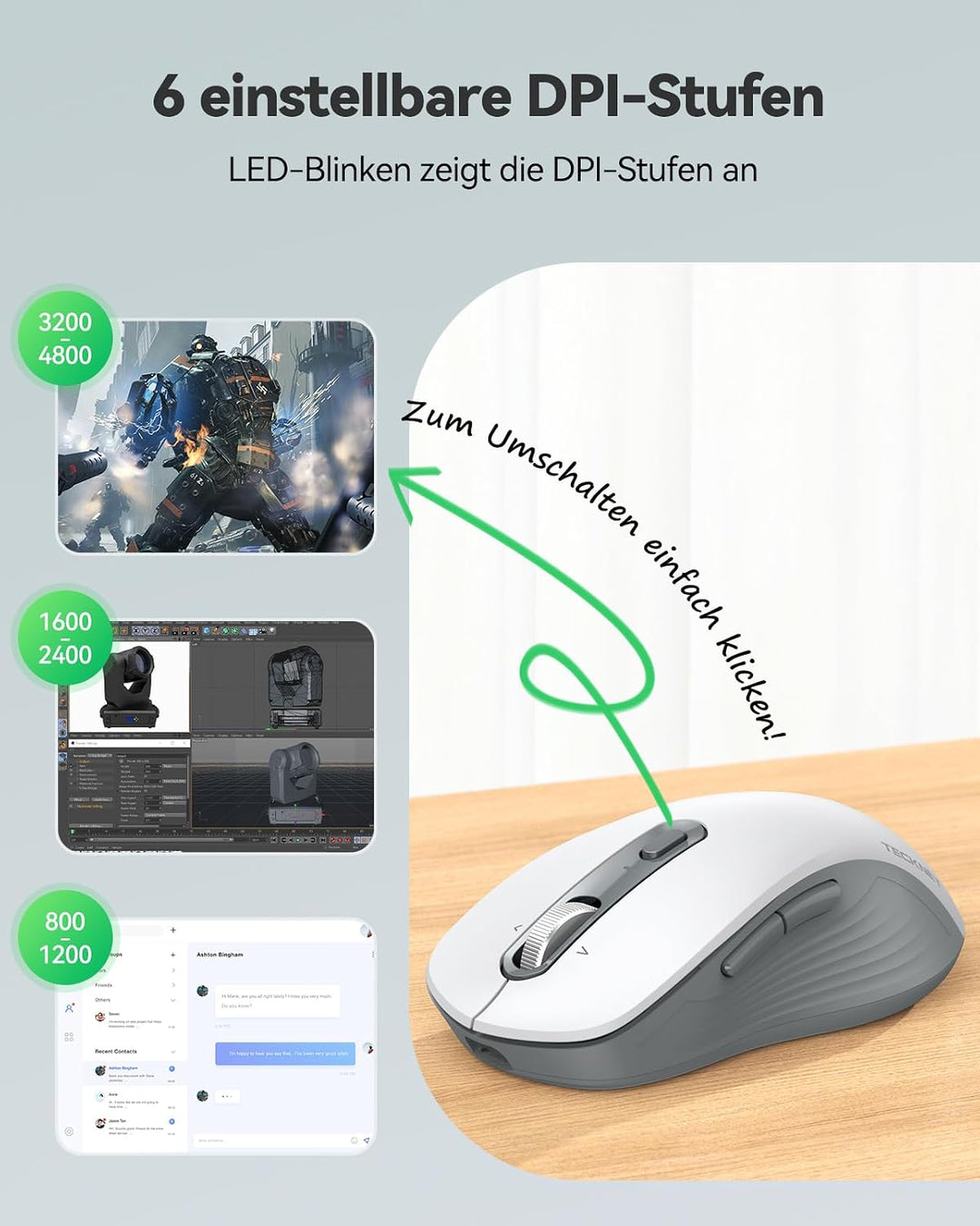TECKNET Bluetooth Maus Kabellos, Wiederaufladbare Funkmaus mit 4-Wege-Scrollrad, 4800 DPI 6 Stufen,