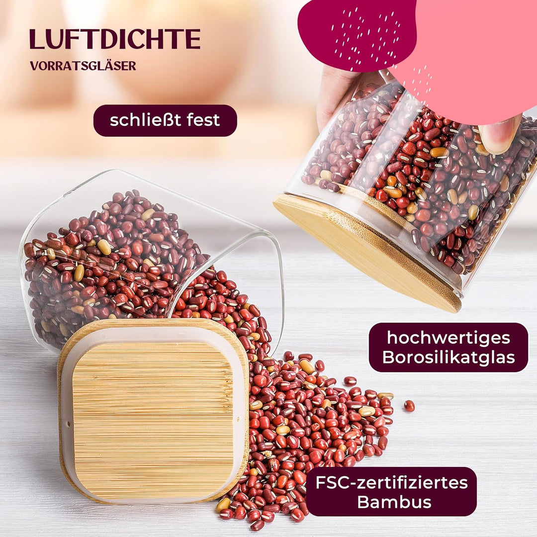 Happy Lemuro Premium Vorratsgläser mit Deckel Eckig [Extra Dickes Glas] 4 x 1,4l - Müsli, Spaghetti
