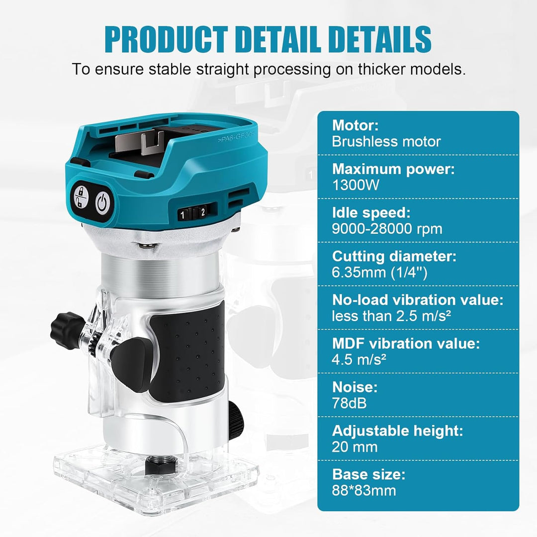 Akku Oberfräse kompatibel mit Makita 18V Akku, 1300W Oberfräse Trimmer Einhandfräse, Bürstenloser Ka