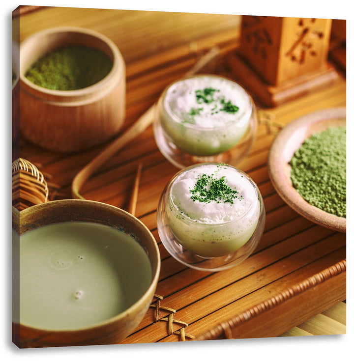 Pixxprint schön dekorierter Matcha Tee, Format: 70x70 auf Leinwand, 70x70