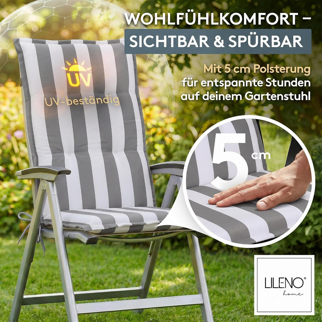 LILENO HOME Gartenstuhl Auflagen als [4er Set - Hochlehner] in Blockstreifen Grau - Bequeme Liegen a