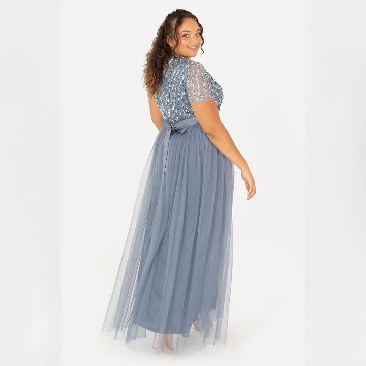 Damen Ballkleid Abendkleid V-Ausschnitt Maxi Länge Pailletten Kurze Ärmel für Hochzeit Geburtstag Br