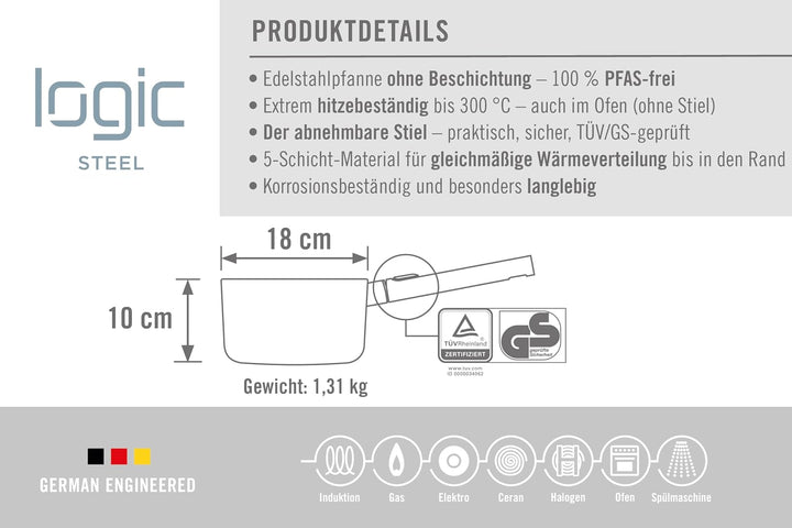 Woll Logic Steel Stieltopf - Induktiv - Ø 18 cm, 10 cm hoch, mit abnehmabarem Stiel - Geeignet für a