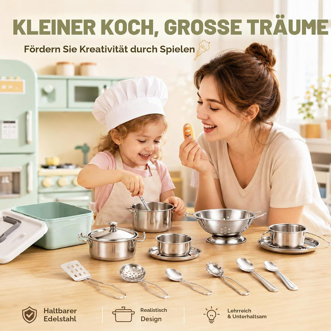 RANJIMA Kinderküche Zubehör, 17 Stück Edelstahl Küchen Zubehörfür Kinder Mit Aufbewahrungsbox, Kinde