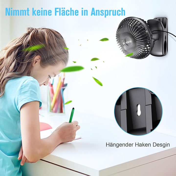 HONYIN Mini Ventilator mit Clip, 720 Grad Drehung Kleiner USB Ventilator, Starke + Stabile Klammer,