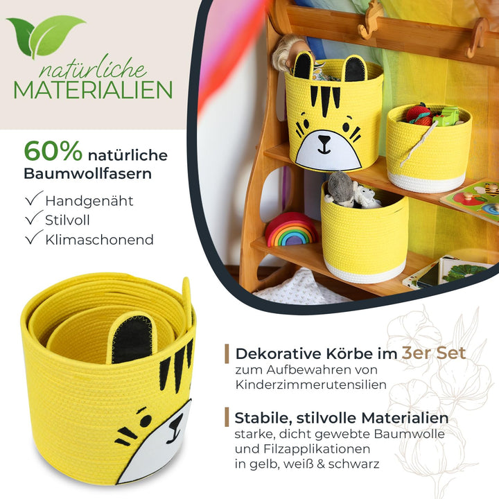 HMF Aufbewahrungskorb mit versteckten Griffen, 3er Set, Korb für Kinderzimmer aus Baumwolle | Tiger