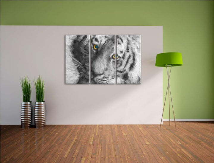bildschöner Tiger schwarz/weiss Deluxe 3-Teiler Leinwandbild 120x80 Bild auf Leinwand, XXL riesige B