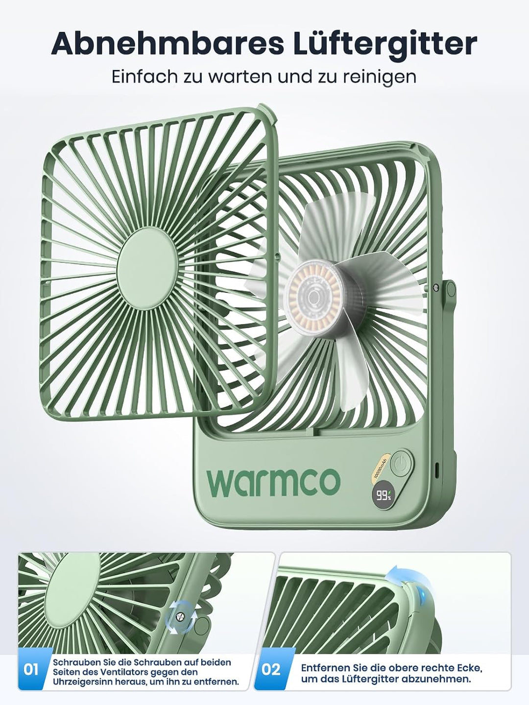 Warmco 10000mAh Tragbarer Ventilator 21 cm Hoch, Bis zu 24h Laufzeit, Ultra-dünn Leise Akku Tischven